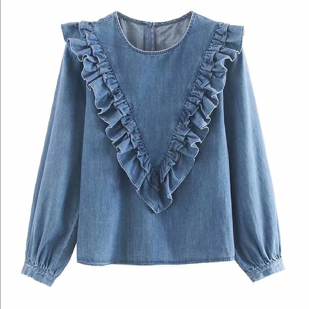 Chambray Ruffled Blouse